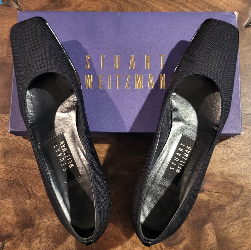 Stuart Weitzman Square Toe Dark Navy Mesh Block Patent Heel 7.5 B